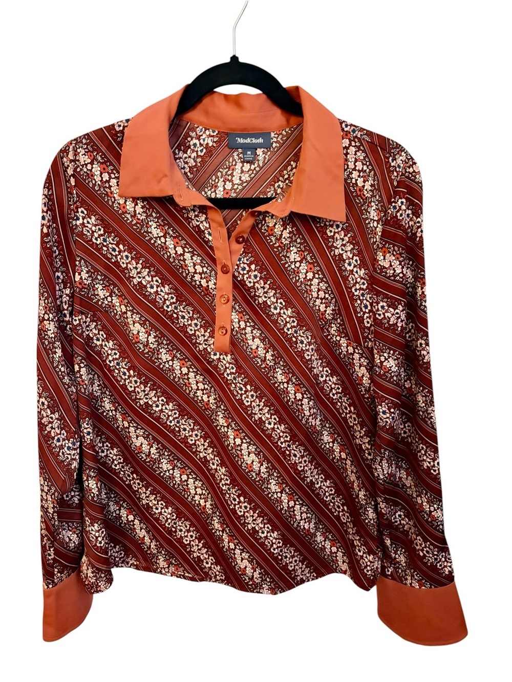 ModCloth Rust and White Floral-Stripe Button Front Blouse